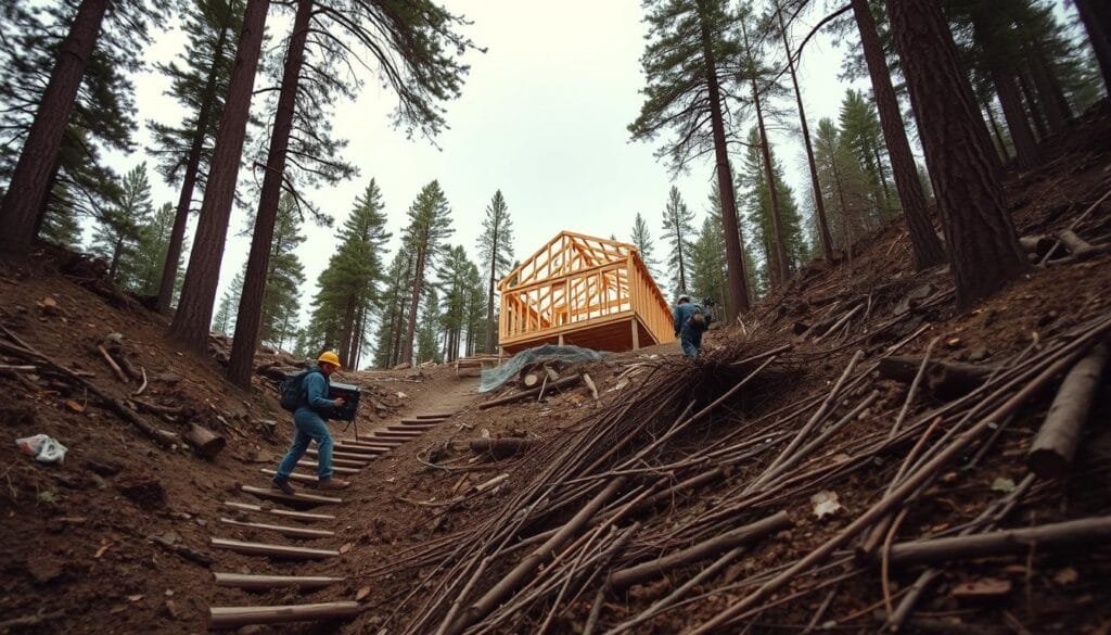 A rugged construction site on a steep, wooded slope. In the foreground, workers navigate precarious access paths, carrying heavy equipment. Uneven terrain and fallen branches pose challenges. Midground reveals the partially built cabin frame, nestled amidst the sloping landscape. Tall pines frame the scene, casting dramatic shadows. The sky is overcast, adding to the sense of difficulty. Wide-angle lens captures the full scope of the construction challenges. Earthy tones and gritty textures evoke the demands of building on a sloped site.