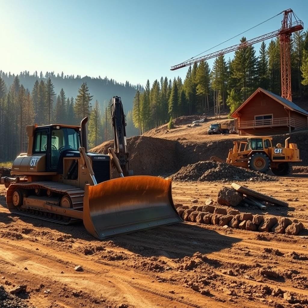 A rugged construction site, with heavy-duty machinery preparing the ground for a future cabin. In the foreground, a powerful bulldozer clears the way, its steel blade slicing through the earth, leaving a smooth, level surface. In the middle ground, a backhoe digs deep, unearthing rocks and roots, ready to create the foundation. In the background, a towering crane stands tall, its articulated arm poised to lift and place heavy materials. Warm, golden sunlight bathes the scene, casting long shadows and highlighting the raw power of the equipment. The atmosphere is one of industry and progress, as this land is transformed to support the creation of a new wilderness retreat.