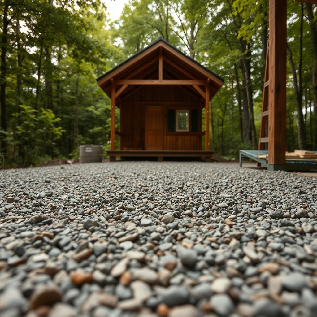 A rugged, cost-effective cabin base with a gravel foundation, set against a backdrop of lush, verdant foliage. In the foreground, a layer of evenly distributed gravel forms a sturdy, level platform, ready to support the structure above. Mid-frame, the cabin's wooden frame stands tall, its rustic charm complemented by the natural surroundings. Soft, diffused lighting filters through the trees, casting a warm, inviting glow over the scene. The camera angle provides a low, close-up perspective, emphasizing the attention to detail in the gravel installation and the cabin's strong, durable foundation. A rugged, cost-effective cabin base with a gravel foundation, set against a backdrop of lush, verdant foliage. In the foreground, a layer of evenly distributed gravel forms a sturdy, level platform, ready to support the structure above. Mid-frame, the cabin's wooden frame stands tall, its rustic charm complemented by the natural surroundings. Soft, diffused lighting filters through the trees, casting a warm, inviting glow over the scene. The camera angle provides a low, close-up perspective, emphasizing the attention to detail in the gravel installation and the cabin's strong, durable foundation.