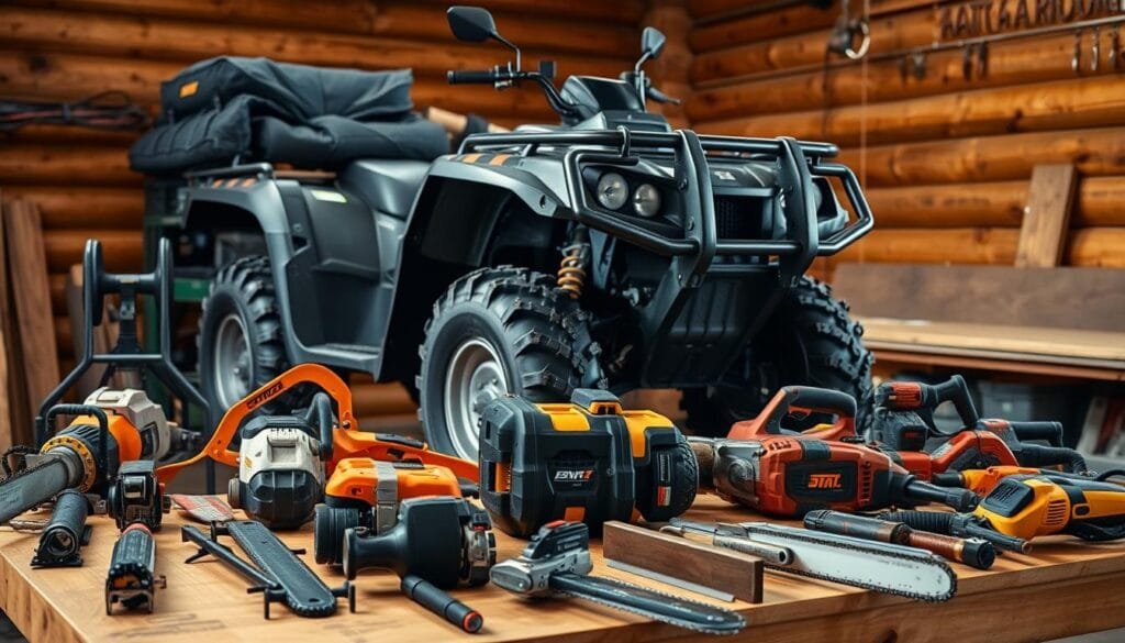 A rugged, heavy-duty all-terrain vehicle stands at the center of a well-equipped cabin builder's workspace. Its sturdy frame and off-road capabilities suggest it can haul large, bulky cargo with ease. In the foreground, a collection of specialized power tools, from chainsaws to sanders, are neatly organized on a large wooden workbench, their sharp edges and precise mechanisms hinting at the advanced capabilities of this seasoned builder. The background features a log cabin structure, its solid construction and rustic charm complementing the utilitarian nature of the scene. Soft, warm lighting illuminates the workspace, creating a sense of focus and productivity. The overall atmosphere conveys the image of a professional, experienced cabin builder, equipped with the high-end tools and machinery necessary for tackling complex, ambitious projects.