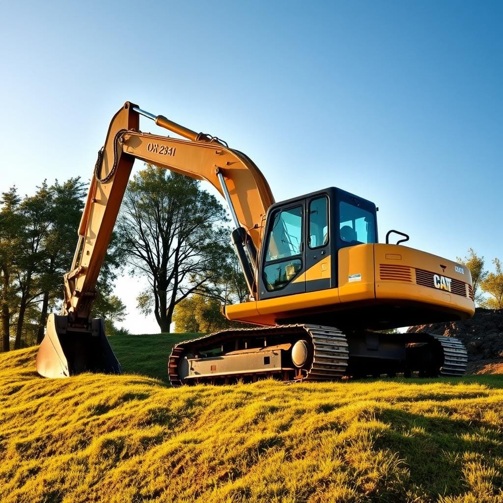 A rugged, industrial excavator with a large bucket and articulated arm stands on a grassy hillside, its powerful engine ready to carve a level surface for a cabin. The warm afternoon sunlight casts long shadows, highlighting the machine's sturdy frame and hydraulic mechanisms. In the background, lush trees and a clear sky create a tranquil, natural setting, contrasting with the utilitarian purpose of the excavator. The angle emphasizes the machine's imposing presence, ready to reshape the terrain and prepare the site for construction.