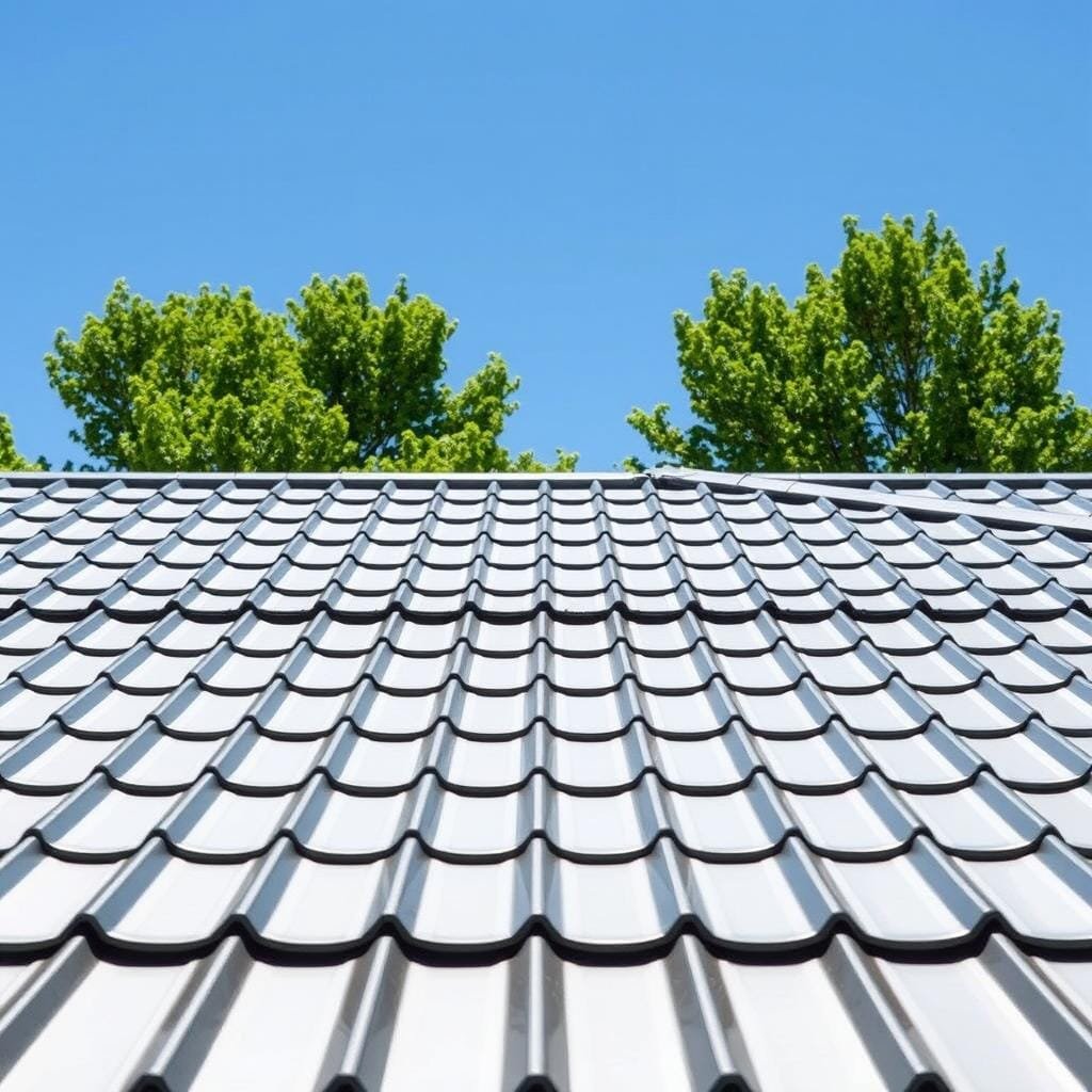 A rugged, modern metal roof against a clear, blue sky. The panels gleam in the bright sunlight, their metallic sheen a testament to their durability and resilience. In the foreground, close-up details reveal the interlocking seams and sturdy construction, while the middle ground showcases the uniform lines and clean aesthetic. The background frames the roof with lush, verdant trees, conveying a sense of harmonious integration with the natural environment. This image captures the enduring strength and timeless appeal of metal roofing, perfect for a long-lasting cabin retreat.