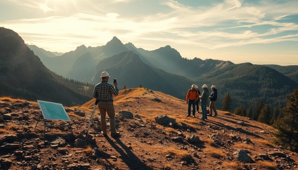 A rugged, mountainous landscape unfolds, with a gently sloping terrain ideal for a cabin site evaluation. In the foreground, a surveyor examines the ground, noting soil composition and potential drainage issues through a high-resolution topographical map. In the middle ground, a team of engineers scrutinizes the slope's angle and stability, considering potential reinforcement methods. The background showcases the breathtaking vistas, with towering peaks and lush, verdant forests, hinting at the natural beauty that will frame the future cabin. Warm, golden sunlight filters through wispy clouds, casting a serene ambiance over the entire scene, guiding the decision-making process for the optimal cabin placement and construction.