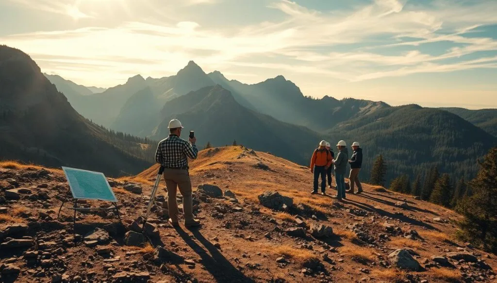 A rugged, mountainous landscape unfolds, with a gently sloping terrain ideal for a cabin site evaluation. In the foreground, a surveyor examines the ground, noting soil composition and potential drainage issues through a high-resolution topographical map. In the middle ground, a team of engineers scrutinizes the slope's angle and stability, considering potential reinforcement methods. The background showcases the breathtaking vistas, with towering peaks and lush, verdant forests, hinting at the natural beauty that will frame the future cabin. Warm, golden sunlight filters through wispy clouds, casting a serene ambiance over the entire scene, guiding the decision-making process for the optimal cabin placement and construction.