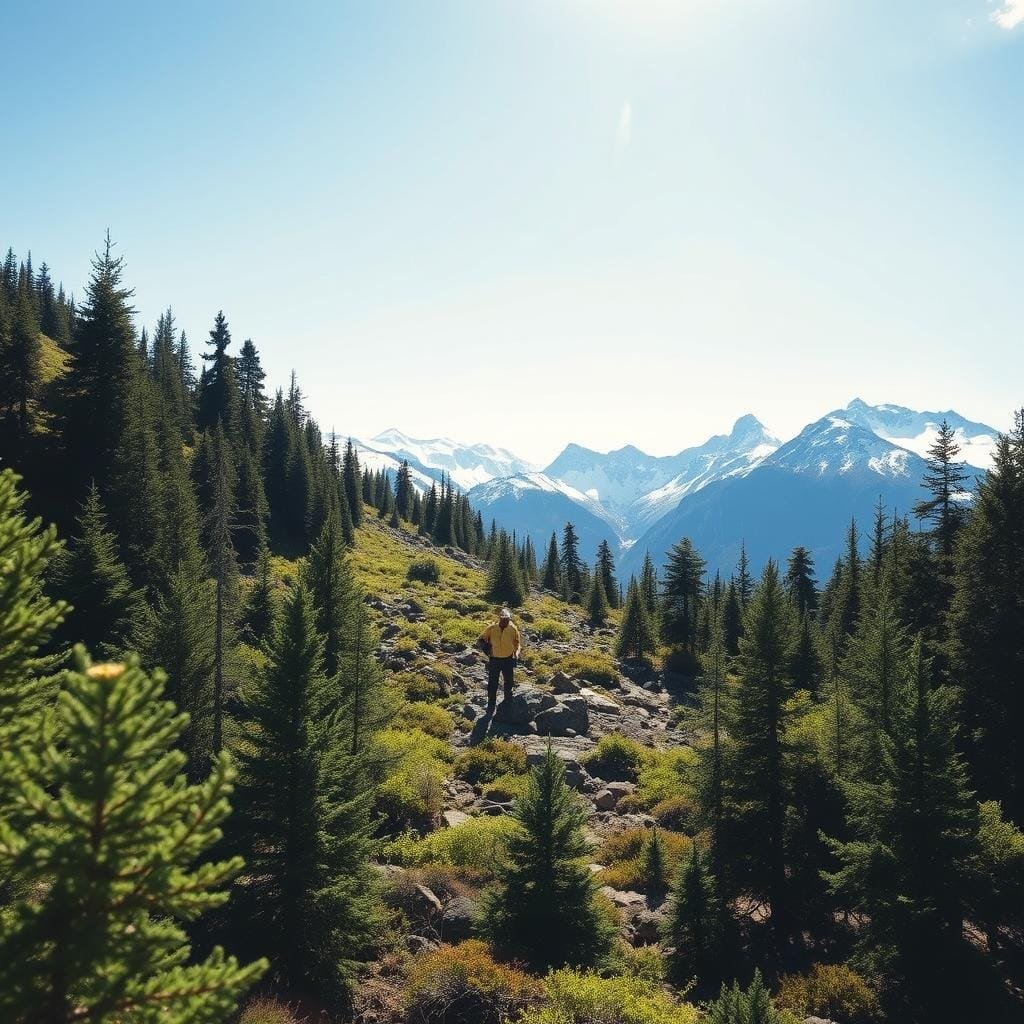 A rugged, mountainous landscape with a dense, evergreen forest in the foreground. In the middle ground, a surveyor carefully examines the terrain, assessing the slope, vegetation, and potential access routes for a remote cabin site. Sunlight filters through the canopy, casting dappled shadows on the forest floor. In the background, snow-capped peaks rise, hinting at the challenges and isolation of the remote location. The scene conveys a sense of adventure, exploration, and the careful planning required to build a sustainable cabin in a harsh, off-grid environment.