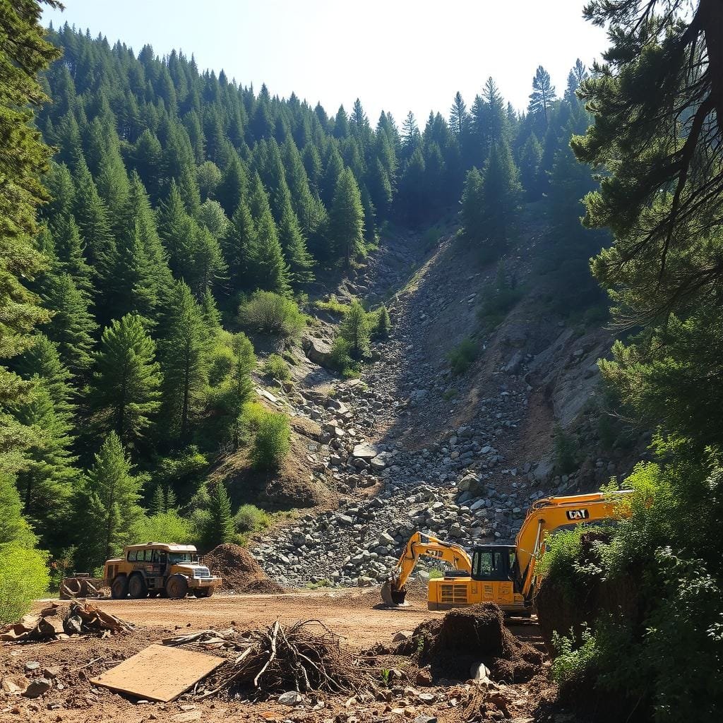 A rugged, mountainous landscape with a steep, heavily forested slope. In the foreground, a clearing is being carved out of the dense vegetation, exposing the rocky, uneven terrain. Heavy machinery, including a bulldozer and excavator, are in motion, clearing trees and brush. Piles of uprooted vegetation and displaced soil litter the area. Sunlight filters through the canopy, casting dramatic shadows and highlighting the texture of the exposed earth. The atmosphere is one of active construction, the scene conveying the challenges of preparing a sloped site for cabin building.