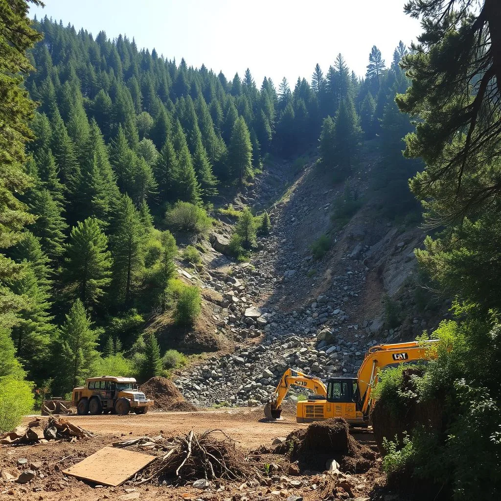 A rugged, mountainous landscape with a steep, heavily forested slope. In the foreground, a clearing is being carved out of the dense vegetation, exposing the rocky, uneven terrain. Heavy machinery, including a bulldozer and excavator, are in motion, clearing trees and brush. Piles of uprooted vegetation and displaced soil litter the area. Sunlight filters through the canopy, casting dramatic shadows and highlighting the texture of the exposed earth. The atmosphere is one of active construction, the scene conveying the challenges of preparing a sloped site for cabin building.