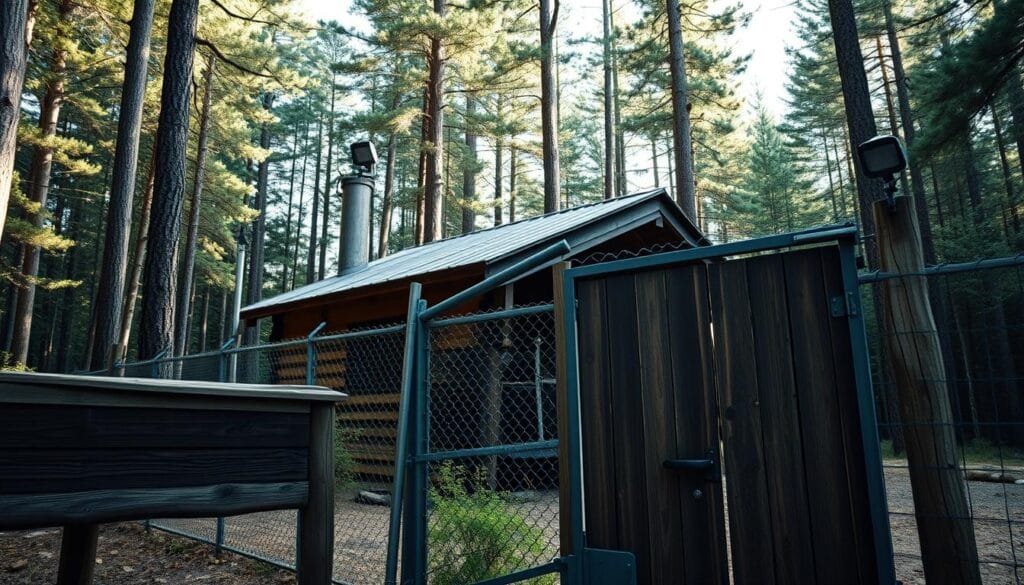 A rugged off-grid cabin nestled in a dense forest, its weathered wooden exterior complemented by a towering steel gate and high perimeter fence. Surveillance cameras discreetly monitor the perimeter, while motion-activated floodlights illuminate the surrounding area. In the foreground, a sturdy deadbolt and reinforced door frame deter unwanted visitors. The scene conveys a sense of self-reliance and security, with natural light filtering through the canopy of trees, casting a warm, protective glow over the cabin's fortified defenses.