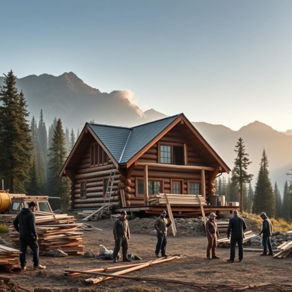 A rugged, off-grid cabin nestled in a remote wilderness, surrounded by towering evergreens and craggy mountains. The cabin's sturdy timber frame and rustic log walls stand in stark contrast to the untamed natural landscape. In the foreground, a team of hardy builders carefully maneuver heavy construction materials across uneven terrain, utilizing a network of makeshift paths and pulleys to transport their loads. Soft, diffused lighting filters through the canopy, casting a warm, golden glow over the scene. The overall atmosphere conveys a sense of hard-won determination, as the builders work to bring this self-sufficient haven to life amidst the challenges of the remote setting.