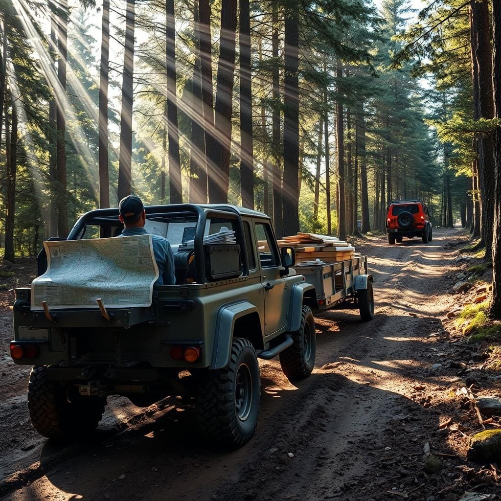 A rugged off-road vehicle navigates a winding forest path, its tires churning through mud and gravel. In the back, a cargo trailer loaded with construction materials sways gently. The driver consults a detailed map, planning the most efficient route to a remote, off-grid cabin site. Rays of sunlight filter through the dense canopy, casting dappled shadows on the ground. The scene conveys the challenge and adventure of transporting essential supplies to an isolated building project, requiring careful logistical planning and a capable 4x4 to overcome the obstacles of the terrain.