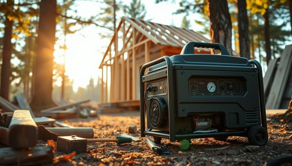 A rugged, portable generator standing amidst a rustic cabin construction site. The generator's sleek, modern design contrasts with the weathered timber and tools scattered around. Warm, golden sunlight filters through the trees, casting a welcoming glow over the scene. The generator's control panel is visible, showcasing its power output and fuel level. In the background, a partially built cabin frame hints at the ongoing project, while the generator's hum suggests it is providing the necessary power to keep the construction workflow uninterrupted. The image conveys a sense of self-reliance and off-grid living, capturing the essence of the "Power Systems and Portable Generators: Ensuring Continuous Workflow" section.