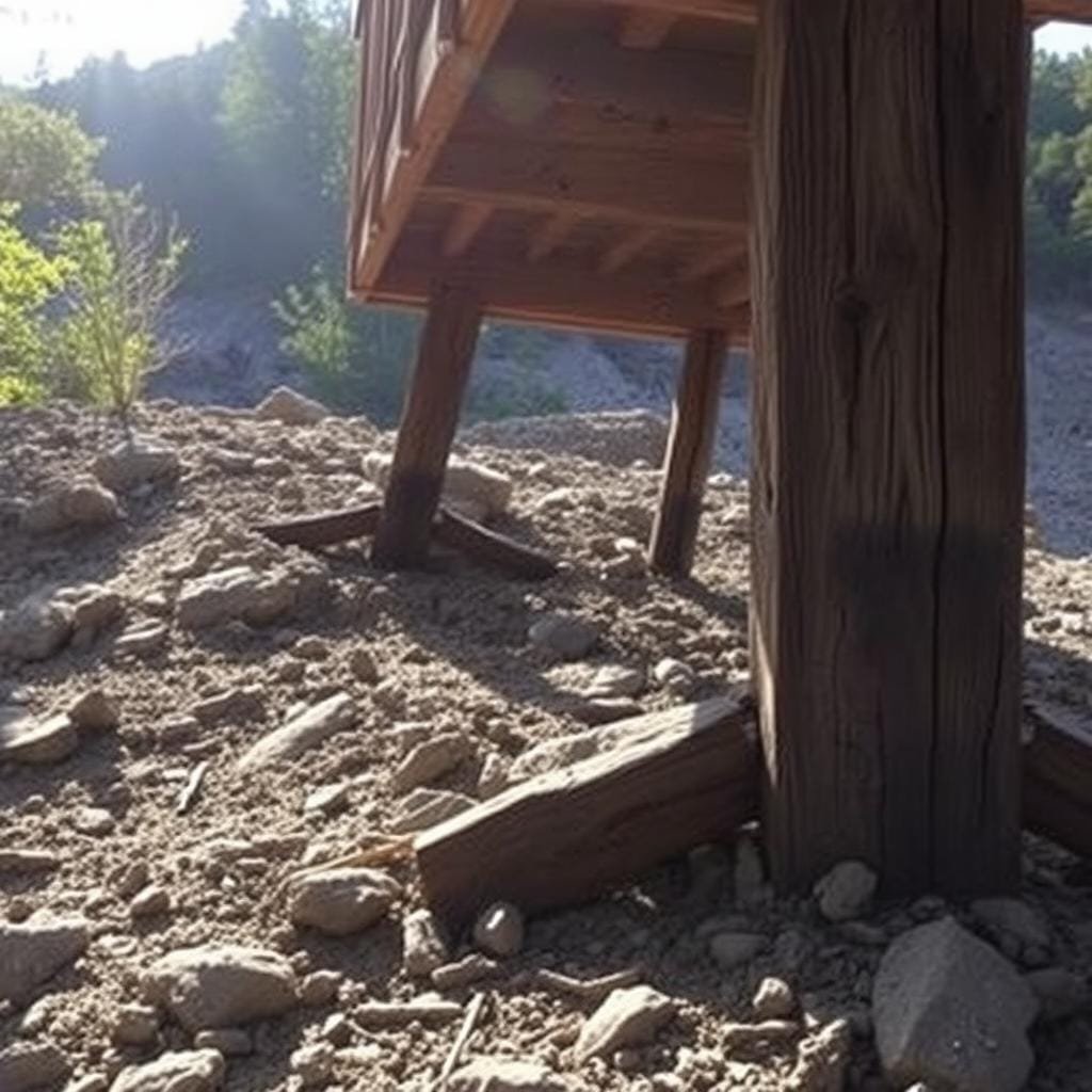 A rugged, uneven terrain with a flexible pier foundation securely anchored to the ground. The foreground features a sturdy wooden structure, its legs sinking into the sloping, rocky landscape. Diffused sunlight filters through the trees, casting warm shadows and highlights on the weathered wood. In the middle ground, the pier's flexible support system adapts to the undulating ground, with steel beams and adjustable braces maintaining stability. The background showcases a lush, forested hillside, conveying a sense of natural harmony between the man-made structure and the untamed environment. The scene exudes a balance of strength, adaptability, and integration with the surrounding terrain.