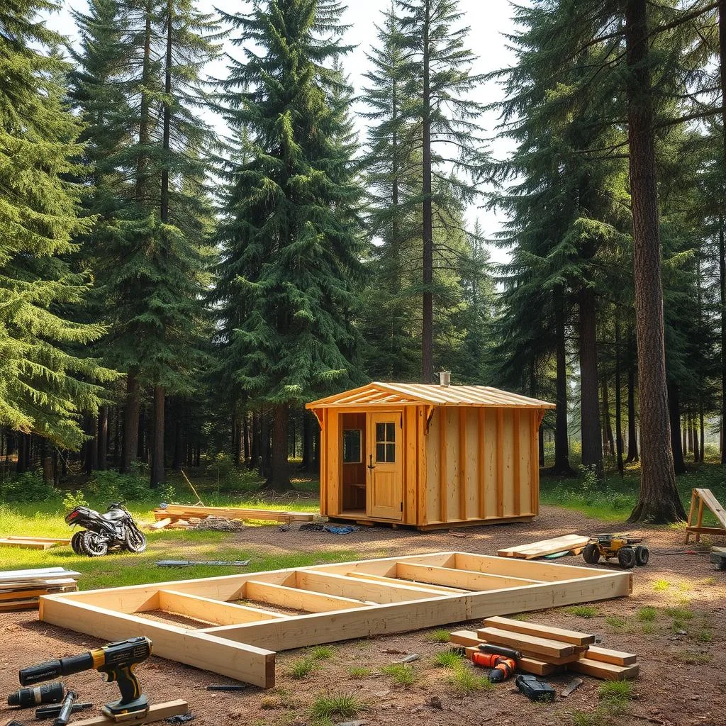 A rustic DIY cabin kit construction site nestled in a lush forest clearing. In the foreground, a partially assembled wooden frame with tools and materials scattered around. The middle ground features a small cabin structure, its walls and roof panels ready for installation. In the background, towering evergreen trees sway gently, casting soft dappled light across the scene. The atmosphere is one of tranquil self-reliance, with a focus on the hands-on process of crafting a cozy off-grid retreat from the natural surroundings.