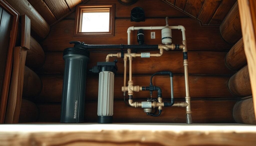 A rustic cabin interior, with a carefully installed water filtration system taking center stage. The system's components - filters, pipes, and valves - are meticulously arranged, showcasing the thoughtful engineering required. Soft, diffused lighting illuminates the scene, casting gentle shadows that accentuate the system's intricate details. The overall atmosphere is one of functionality and attention to detail, reflecting the practical needs of off-grid living. The camera angle captures the installation from a slightly elevated perspective, allowing the viewer to appreciate the system's layout and integration within the cabin's interior design.