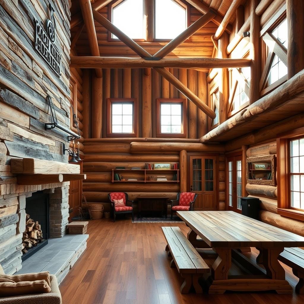 A rustic cabin interior with warm, earthy tones and reclaimed barn wood accents. The foreground showcases a cozy living space with a weathered wood-paneled wall, complemented by a large stone fireplace. In the middle ground, a distressed wood dining table and benches invite casual gatherings. The background features exposed beams and a vaulted ceiling, creating a sense of spaciousness. Natural lighting filters through large windows, casting a soft glow and emphasizing the cabin's authentic character. The overall atmosphere evokes a feeling of timeless comfort and a connection to the natural surroundings.