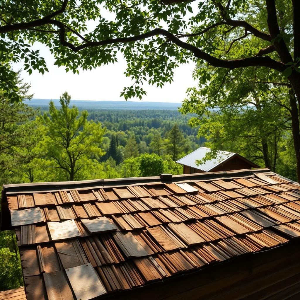 A rustic cabin nestled amidst a verdant forest, its roof adorned with a patchwork of budget-friendly materials. In the foreground, a close-up view showcases the innovative techniques - salvaged tin sheets, reclaimed wood shingles, and even tightly woven reeds, all seamlessly blended to create a weathered, yet charming aesthetic. Gentle sunlight filters through the canopy, casting a warm, golden glow over the scene, highlighting the textural details of the makeshift roofing. In the background, a panoramic view reveals the cabin's simple, yet sturdy structure, blending harmoniously with the surrounding natural landscape. The overall mood conveys a sense of rustic ingenuity and self-reliance, perfectly aligned with the "Innovative Roofing Techniques on a Budget" theme.