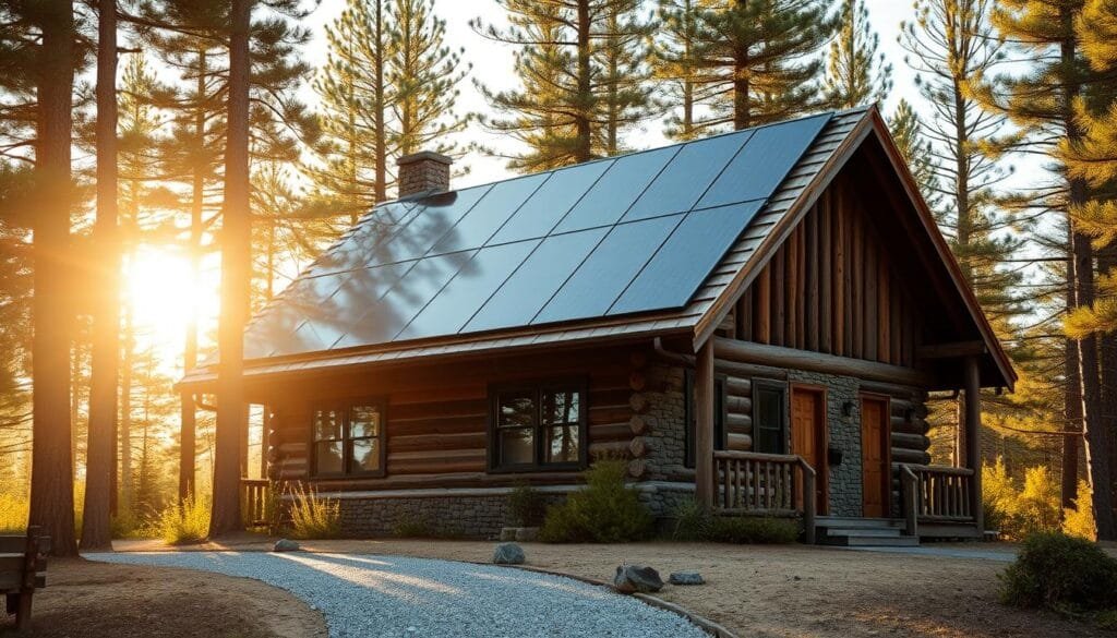 A rustic cabin nestled among towering pine trees, its gable roof adorned with sleek, black solar panels that capture the sun's energy. The panels are meticulously installed, blending seamlessly with the cabin's weathered wood and stone exterior. Warm, golden sunlight filters through the trees, casting a cozy, natural glow on the scene. In the foreground, a well-maintained gravel path leads towards the cabin, inviting exploration. The overall atmosphere exudes a sense of sustainability, harmony, and a connection to the great outdoors.