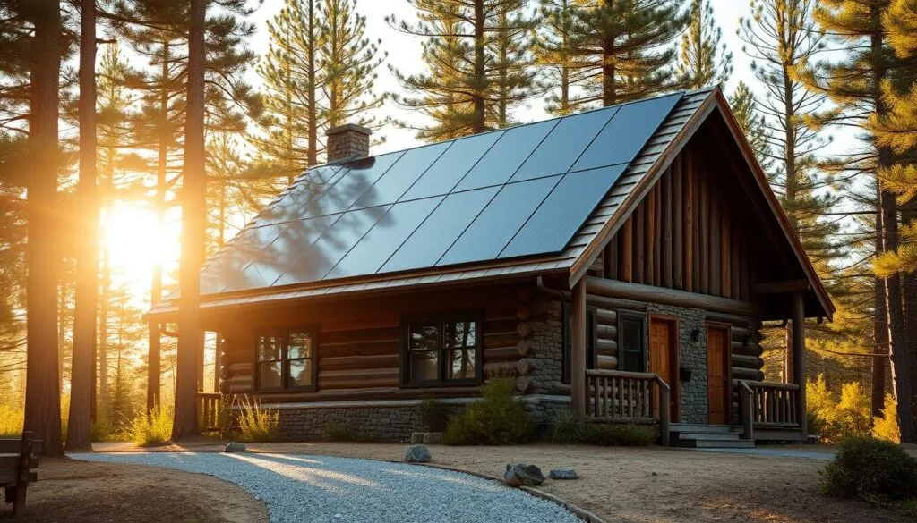 A rustic cabin nestled among towering pine trees, its gable roof adorned with sleek, black solar panels that capture the sun's energy. The panels are meticulously installed, blending seamlessly with the cabin's weathered wood and stone exterior. Warm, golden sunlight filters through the trees, casting a cozy, natural glow on the scene. In the foreground, a well-maintained gravel path leads towards the cabin, inviting exploration. The overall atmosphere exudes a sense of sustainability, harmony, and a connection to the great outdoors.