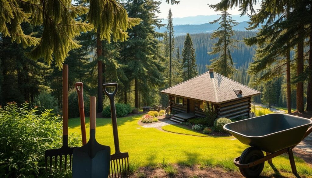 A rustic cabin nestled in a lush forest glade, surrounded by a well-tended garden. In the foreground, a collection of sturdy landscaping tools - a sharp-bladed hoe, a sturdy rake, a heavy-duty wheelbarrow - stand ready to tend to the cabin's verdant surroundings. Sunlight filters through the canopy of towering evergreens, casting a warm, golden glow over the scene. In the middle ground, a neatly trimmed lawn leads up to the cabin's weathered wooden walls, complemented by neatly pruned shrubs and flowering plants. The background is a panoramic view of the forest, with distant hills and a tranquil stream winding through the landscape. The overall atmosphere evokes a sense of peaceful self-sufficiency and harmonious living with nature.