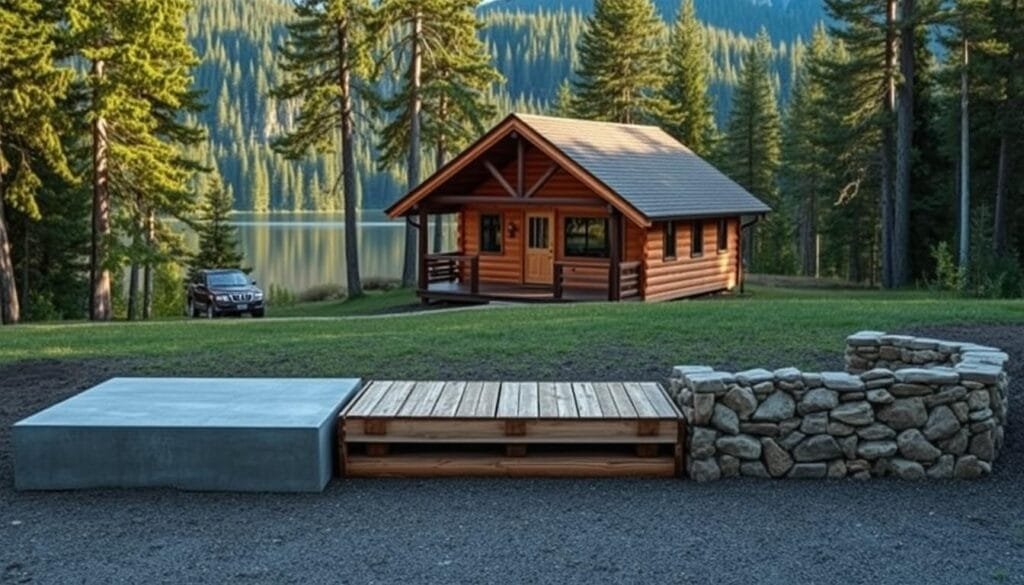 A rustic cabin nestled in a lush, forested landscape. In the foreground, various foundation options are displayed, including a sturdy concrete slab, a raised wooden foundation, and a stone foundation with a cellar. The middle ground showcases the cabin itself, featuring a warm, inviting exterior with a gabled roof and wooden siding. In the background, a tranquil lake reflects the surrounding trees and mountains, creating a serene, nature-inspired atmosphere. The lighting is soft and natural, capturing the essence of the cabin's peaceful setting. The overall composition emphasizes the importance of choosing the right foundation type to support a cabin of various sizes, providing a visually informative and inspirational reference.