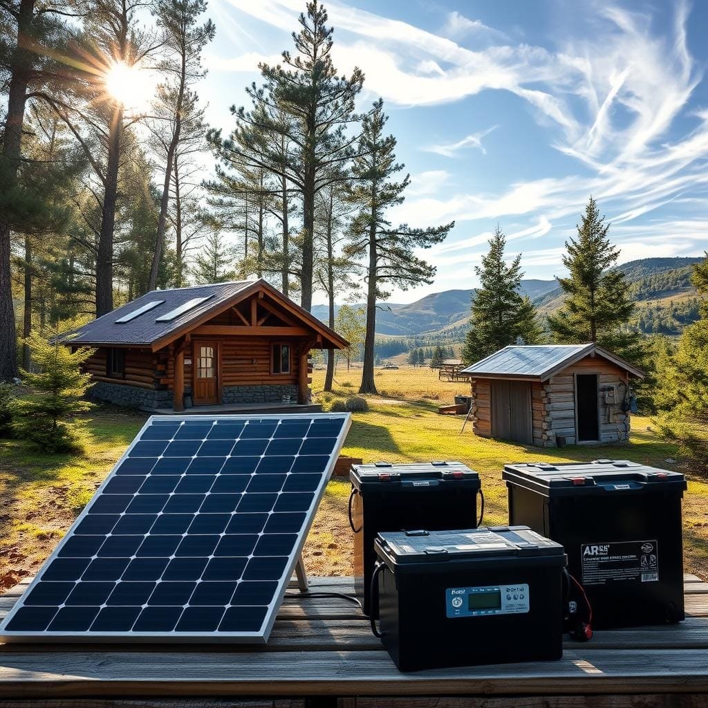 A rustic cabin nestled in a lush, forested setting. In the foreground, an array of off-grid solar components - sleek black solar panels, a battery bank, and a charge controller neatly arranged on a wooden platform. Sunlight filters through the trees, casting a warm, natural glow on the scene. The middle ground features a small shed or workshop, its weathered wood panels complementing the cabin's aesthetic. In the background, rolling hills and a clear sky with wispy clouds, creating a serene, self-sufficient atmosphere. The overall composition conveys the harmony between the cabin, its power system, and the surrounding natural environment.