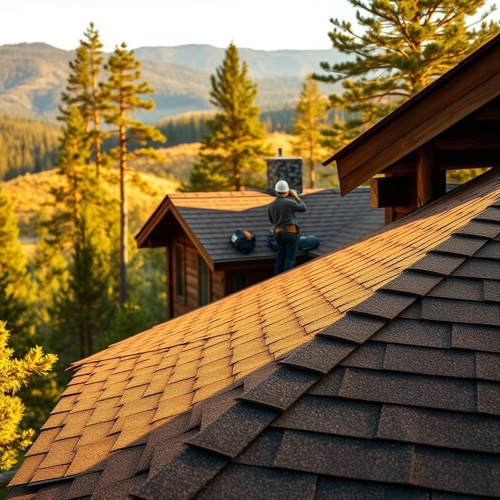 A rustic cabin nestled in a lush, forested setting. In the foreground, durable asphalt shingles are being meticulously installed on the cabin's roof, their textured surfaces catching the warm, golden light. The shingles, in a classic earthy tone, blend seamlessly with the weathered, timber-clad exterior. In the middle ground, a skilled roofer carefully aligns each shingle, ensuring a precise and secure installation. The background features a scenic landscape of rolling hills, with tall pines swaying gently in a soft breeze. The overall scene conveys a sense of tranquility and craftsmanship, perfectly capturing the essence of an affordable and durable roofing solution for a rustic retreat.
