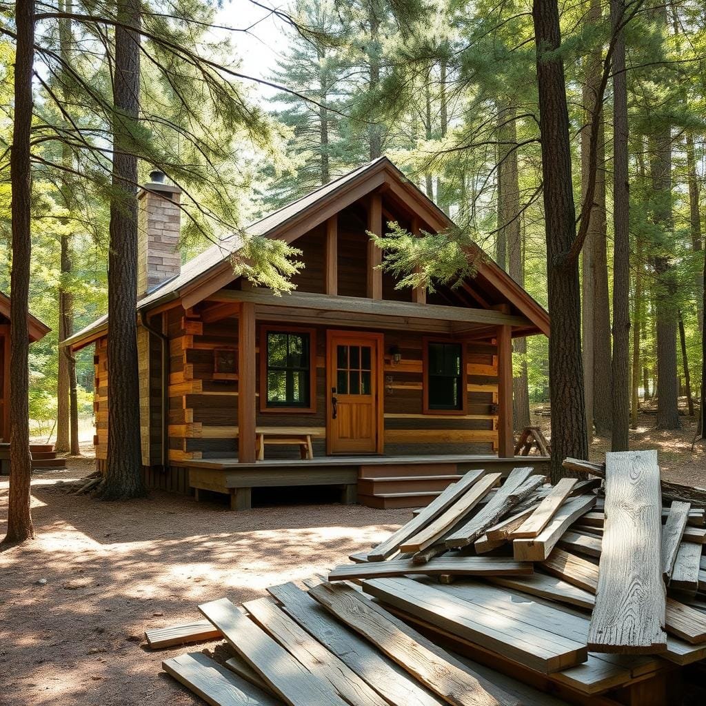 A rustic cabin nestled in a serene forest clearing, its exterior walls adorned with reclaimed wood panels and salvaged lumber beams. The natural textures and warm tones create a cozy, sustainable aesthetic. Diffused sunlight filters through the canopy, casting gentle shadows and highlighting the craftsmanship of the materials. In the foreground, a pile of repurposed timber and weathered planks suggests the sustainable construction methods employed. The overall scene conveys a sense of harmony between the built environment and the surrounding nature, exemplifying cost-effective, durable, and eco-friendly cabin building. A rustic cabin nestled in a serene forest clearing, its exterior walls adorned with reclaimed wood panels and salvaged lumber beams. The natural textures and warm tones create a cozy, sustainable aesthetic. Diffused sunlight filters through the canopy, casting gentle shadows and highlighting the craftsmanship of the materials. In the foreground, a pile of repurposed timber and weathered planks suggests the sustainable construction methods employed. The overall scene conveys a sense of harmony between the built environment and the surrounding nature, exemplifying cost-effective, durable, and eco-friendly cabin building.