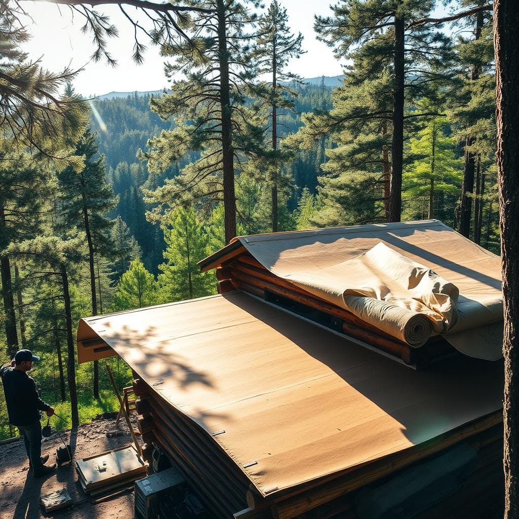 A rustic cabin nestled in a serene forest, its roof being carefully covered with high-quality roof felt. In the foreground, a worker meticulously unrolls and secures the protective membrane, ensuring a weatherproof barrier against the elements. Sunlight filters through the surrounding trees, casting a warm, natural glow on the scene. The middle ground showcases the cabin's rugged, log-cabin construction, complemented by the earthy tones of the roof felt. In the background, a lush, verdant landscape frames the cozy dwelling, conveying a sense of tranquility and harmony. The overall composition highlights the cost-effective and durable nature of roof felt as a roofing solution for a long-lasting cabin.