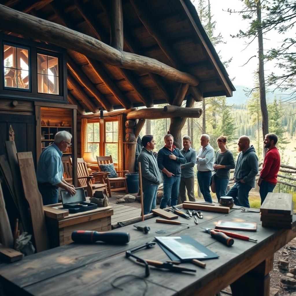 A rustic cabin nestled in a serene forest, sunlight streaming through the windows, illuminating a cozy interior filled with handcrafted wooden furnishings. A workbench in the foreground showcases tools and materials, hinting at the labor and skill required to build this sanctuary. In the middle ground, a group of people engaged in thoughtful discussion, their expressions reflecting the lessons and insights gained from their cabin-building experience. The background features a picturesque landscape, with lush greenery and distant mountains, conveying a sense of isolation and connection with nature. The overall mood is one of rustic charm, hard-earned accomplishment, and a deep appreciation for the art of craftsmanship.