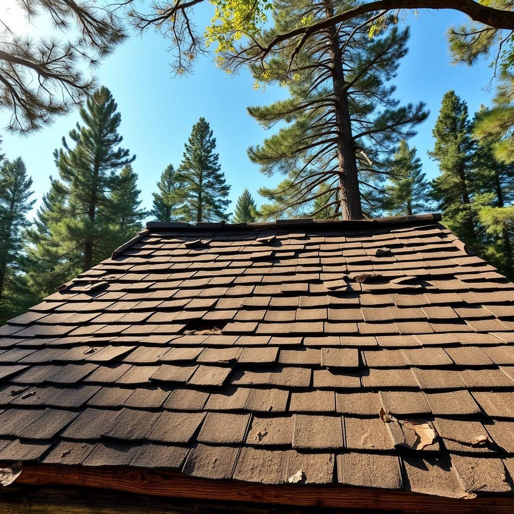 A rustic cabin nestled in a serene, forested landscape. The roof, weathered by time, demands attention. Sunlight filters through the canopy, casting a warm glow on the worn shingles. Curled edges and missing tiles hint at the need for repair. The middle ground reveals the cabin's sturdy frame, while the background showcases towering pines and a clear, blue sky. Capture the essence of this aging structure, highlighting the practical considerations for a long-lasting cabin roof. Use a wide-angle lens to convey the setting and emphasize the cabin's needs. Evoke a sense of tranquility and the desire to preserve this rustic retreat.