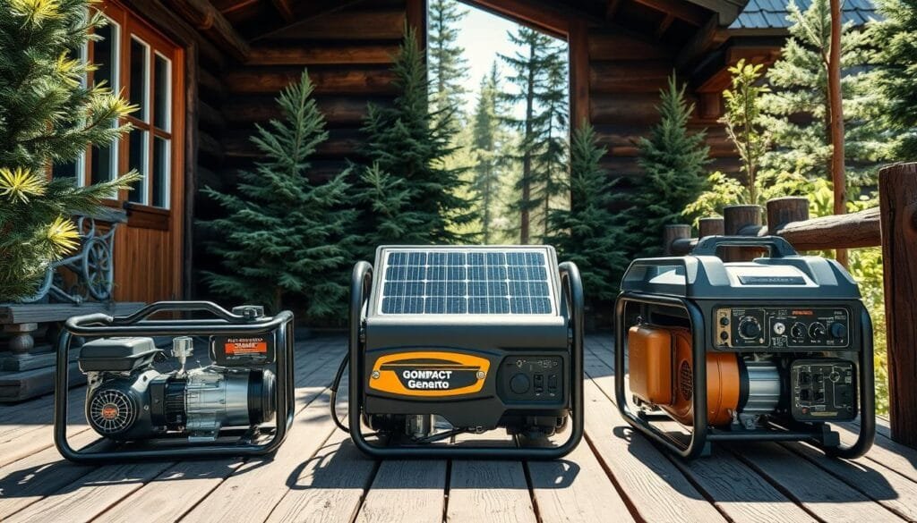A rustic cabin nestled in a serene wilderness, featuring three compact generator options displayed side by side. Bright sunlight casts dramatic shadows, highlighting the textured surfaces and mechanical details of the generators. One is a portable gas-powered model, another a sleek solar-powered unit, and the third a sturdy diesel generator. Each is positioned on a weathered wooden deck, surrounded by lush evergreen foliage. The scene conveys a sense of off-grid living and the practical need to power a remote cabin, inviting the viewer to compare the capabilities and suitability of these generator alternatives. A rustic cabin nestled in a serene wilderness, featuring three compact generator options displayed side by side. Bright sunlight casts dramatic shadows, highlighting the textured surfaces and mechanical details of the generators. One is a portable gas-powered model, another a sleek solar-powered unit, and the third a sturdy diesel generator. Each is positioned on a weathered wooden deck, surrounded by lush evergreen foliage. The scene conveys a sense of off-grid living and the practical need to power a remote cabin, inviting the viewer to compare the capabilities and suitability of these generator alternatives.