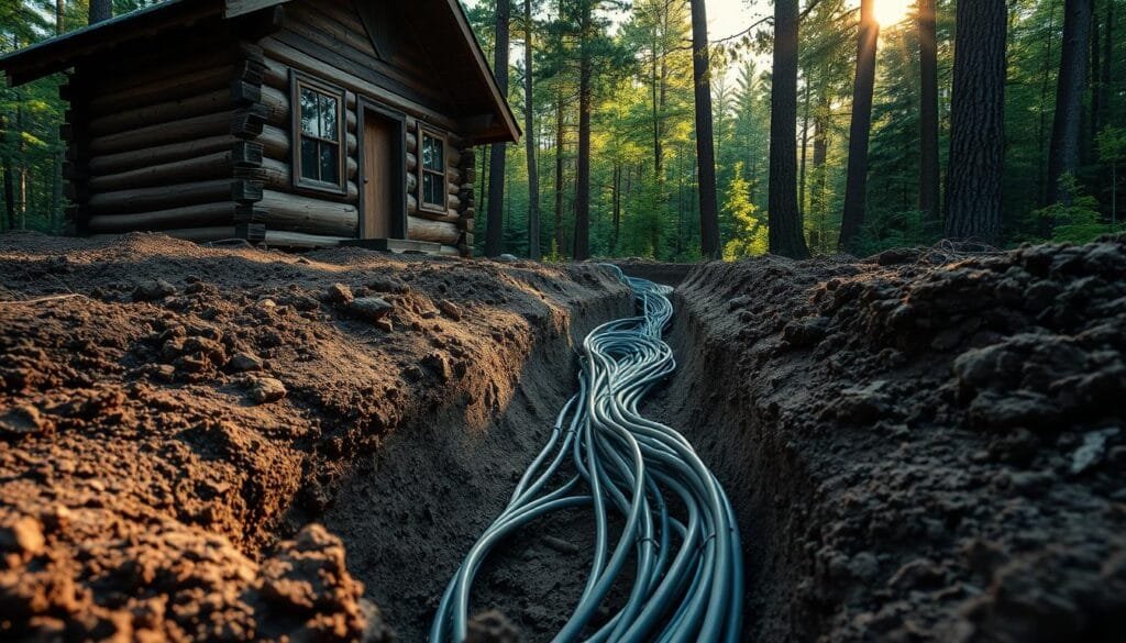 A rustic cabin nestled in the forest, the ground opens to reveal an intricate trench filled with thick electrical wiring. Sunlight filters through the trees, casting a warm glow on the scene. In the foreground, the trench is carefully dug, exposing the necessary cables that will connect the cabin to the power grid. The middle ground showcases the wiring, neatly organized and secured, while the background depicts the lush, verdant forest surrounding the cabin. The overall mood is one of purposeful, methodical work, blending seamlessly with the natural environment.