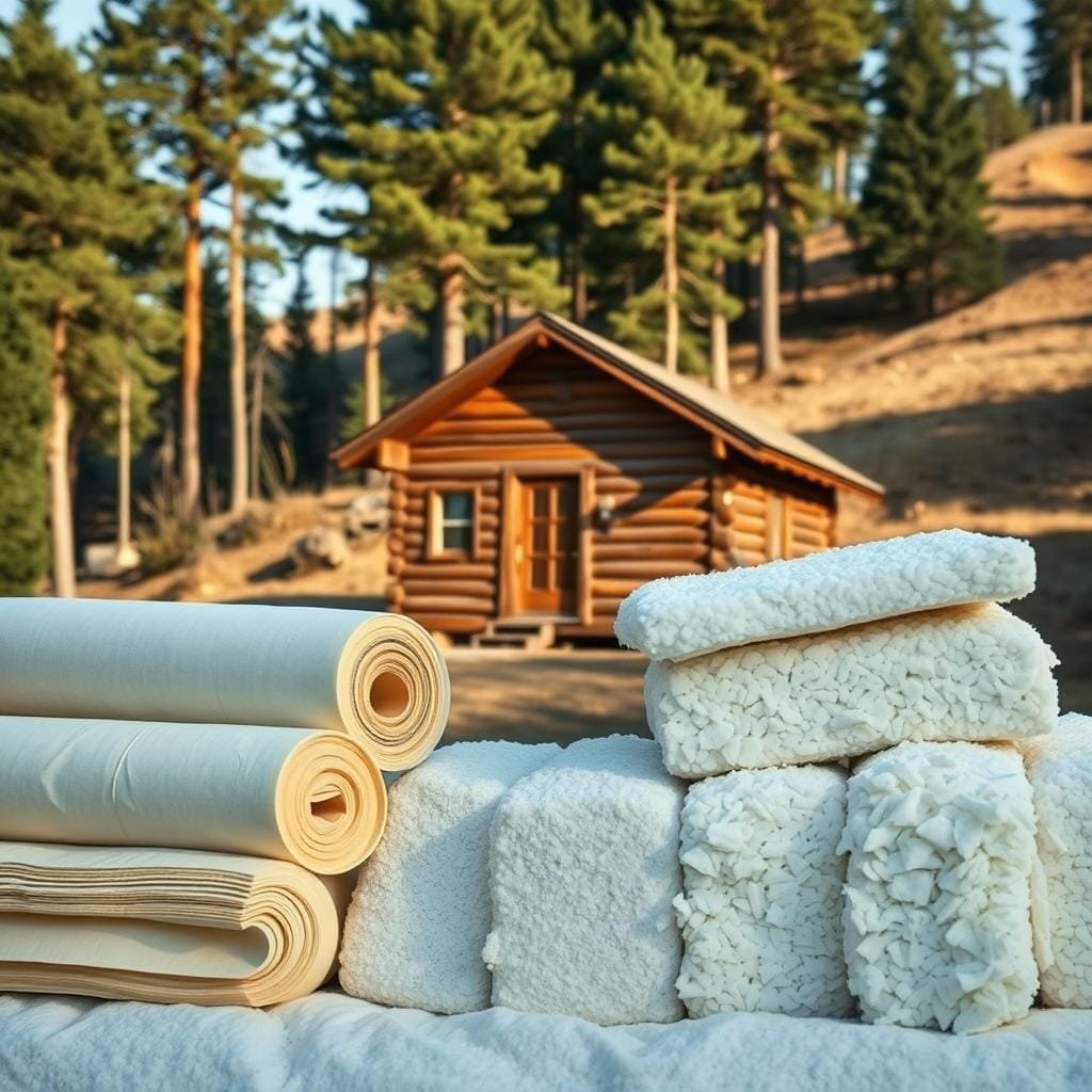 A rustic cabin nestled on a sloped, forested property. In the foreground, various insulation materials are displayed - rolls of fiberglass batting, rigid foam panels, and loose-fill cellulose. The middle ground showcases the cabin's exterior, with sunlight casting warm shadows across the wood siding. In the background, tall pine trees and a gently sloping hillside create a naturalistic, serene atmosphere. The scene is captured with a wide-angle lens, highlighting the cabin's integration into the rugged landscape. The lighting is soft and diffused, emphasizing the tactile quality of the insulation materials and the cabin's inviting, weathered charm. A rustic cabin nestled on a sloped, forested property. In the foreground, various insulation materials are displayed - rolls of fiberglass batting, rigid foam panels, and loose-fill cellulose. The middle ground showcases the cabin's exterior, with sunlight casting warm shadows across the wood siding. In the background, tall pine trees and a gently sloping hillside create a naturalistic, serene atmosphere. The scene is captured with a wide-angle lens, highlighting the cabin's integration into the rugged landscape. The lighting is soft and diffused, emphasizing the tactile quality of the insulation materials and the cabin's inviting, weathered charm.