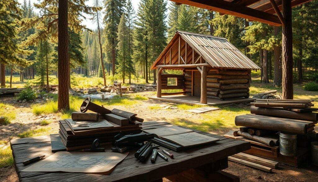 A rustic, cozy cabin nestled in a serene forest clearing, constructed from meticulously planned salvaged materials. In the foreground, a worn yet sturdy workbench is adorned with sketches, tools, and piles of reclaimed wood and metal. Sunlight filters through the canopy, casting a warm, golden glow over the scene. In the middle ground, the cabin's frame takes shape, its sturdy logs and beams a testament to careful consideration and craftsmanship. In the background, a lush, verdant landscape of towering pines and a babbling brook set the tranquil, off-grid atmosphere. The entire composition evokes a sense of resourcefulness, environmental harmony, and the satisfaction of building a home from reclaimed materials.