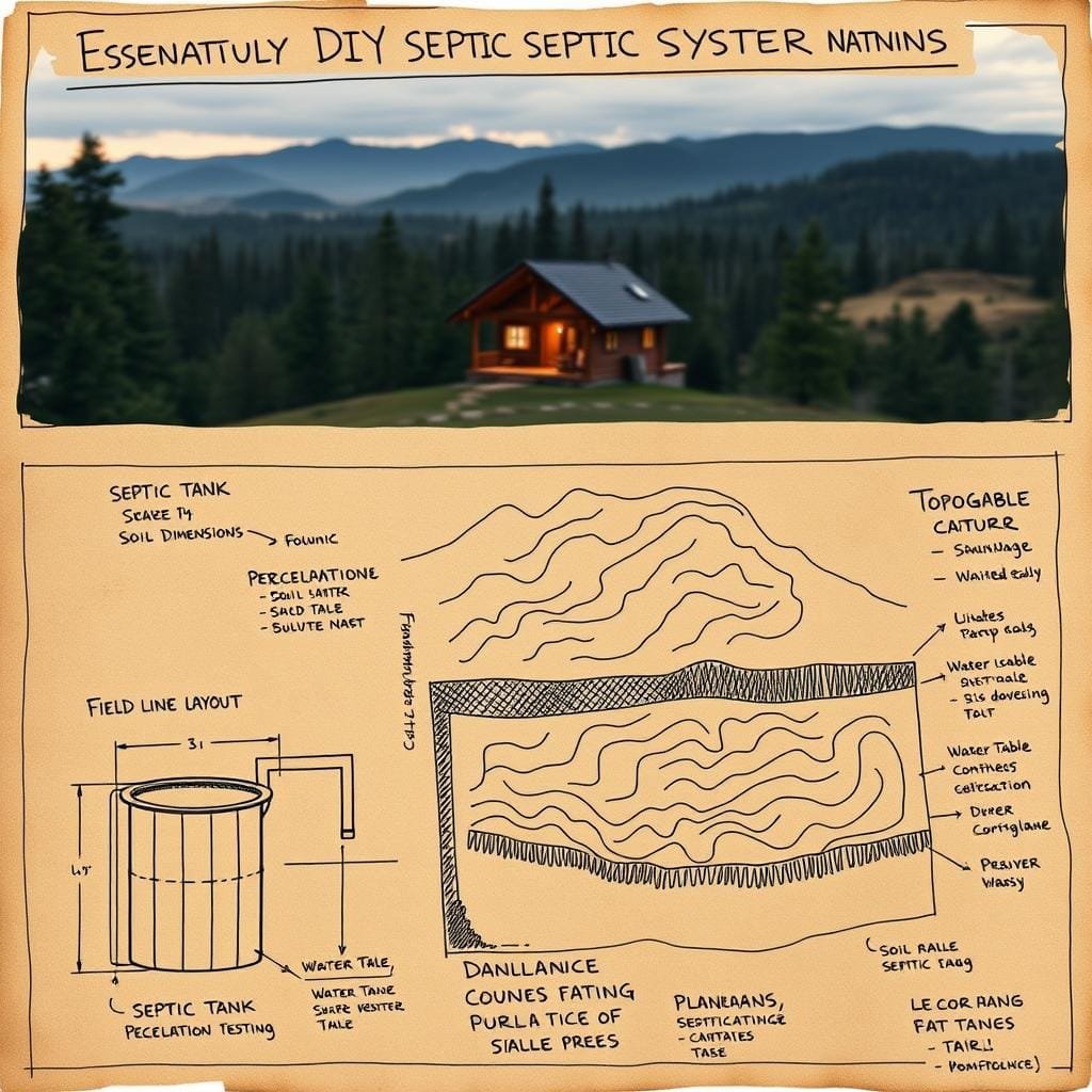 A rustic, hand-drawn blueprint of essential planning considerations for a DIY septic system installation in a remote cabin setting. The foreground features detailed sketches of septic tank dimensions, soil percolation testing, and field line layout. The middle ground showcases a topographic map highlighting drainage contours and water table depth. In the background, a panoramic landscape view of the cabin surrounded by lush forest and rolling hills, illuminated by warm, natural lighting, creating a serene, off-the-grid ambiance. Technical annotations throughout provide key construction guidelines and regulatory requirements. The overall composition conveys a thoughtful, carefully planned approach to sustainable rural living.