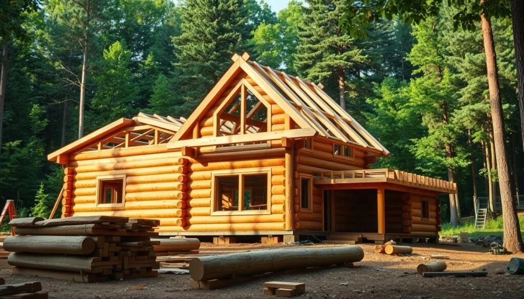A rustic log cabin being constructed in a lush, forested landscape. The foreground shows the methodical steps of the build - stacking and notching the logs, cutting beams, and installing a sturdy roof frame. The middle ground reveals the cabin's simple yet elegant design, with large windows and a wrap-around porch. The background is a dense, verdant forest with sunlight filtering through the canopy, creating a warm and natural atmosphere. The lighting is soft and diffused, accentuating the textural details of the wood and highlighting the skilled craftsmanship. The overall scene conveys a sense of self-reliance, sustainability, and connection with the great outdoors.