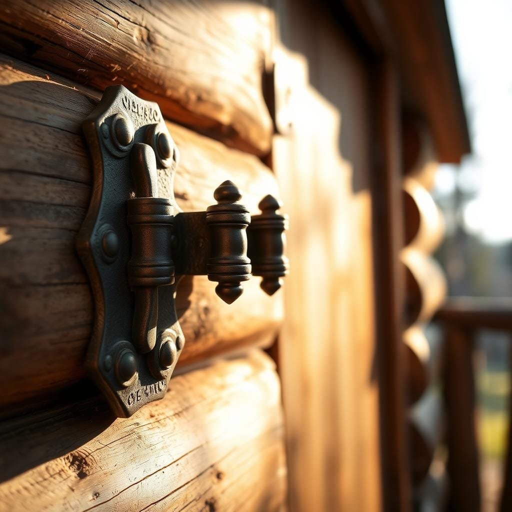 A rustic log cabin door with intricate metal hinges, bathed in warm, directional lighting that casts dramatic shadows. The hinges are the focal point, showcasing their ornate, hand-forged design against the weathered wood grain. The door is slightly ajar, inviting the viewer to step inside this cozy, secluded retreat. The background is blurred, suggesting a tranquil, natural setting that complements the cabin's rugged charm. The overall mood is one of rustic elegance and craftsmanship, reflecting the special considerations required for installing a door in a log cabin.