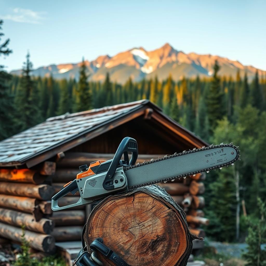 A rustic log cabin nestled amidst a lush forest, with a pair of chainsaws resting on a freshly felled tree trunk. The chainsaws, their blades gleaming in the soft, warm lighting, symbolize the essential role they play in the construction of this timber structure. The cabin's logs, rough-hewn and weathered, evoke the rugged nature of the task at hand. In the background, a scenic mountain range stands tall, creating a picturesque backdrop for this scene of traditional log cabin craftsmanship. The overall mood is one of hard work, determination, and the timeless connection between man and nature.
