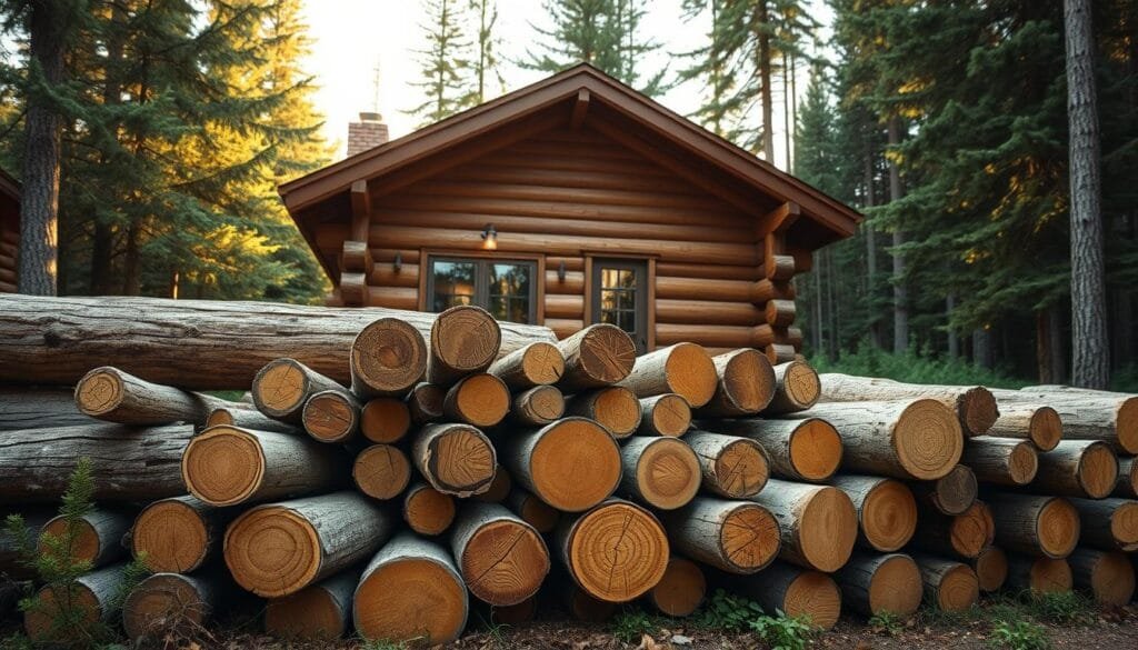 A rustic log cabin nestled in a lush forest, with a carefully curated selection of hewn timber logs in the foreground. The logs are arranged in a visually appealing pattern, showcasing their natural textures and variations in color and grain. Soft, diffused lighting filters through the canopy of evergreen trees, casting a warm, golden glow over the scene. The image captures the essence of the hidden costs associated with selecting the right wood for a cabin build, highlighting the attention to detail and craftsmanship required to create a truly authentic and enduring structure.