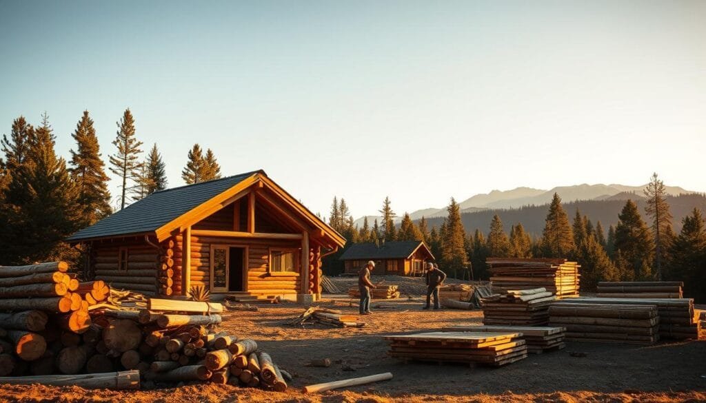 A rustic log cabin nestled in a lush, forested landscape, its rough-hewn logs illuminated by warm, golden sunlight filtering through the trees. The scene captures the key construction expenses, such as the cost of timber, foundation work, and roofing materials. In the foreground, piles of freshly cut logs and stacks of weathered lumber lie ready for assembly, while in the middle ground, a small team of skilled builders meticulously measures and cuts the wood. In the background, a serene mountain range rises, hinting at the breathtaking natural beauty that will surround the completed cabin. The overall atmosphere conveys the rugged, yet charming essence of building a log home in a remote, picturesque setting.