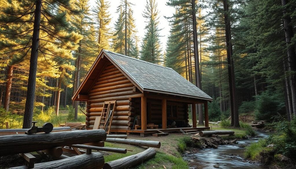 A rustic log cabin nestled in a lush, verdant forest. The foreground depicts the construction process, with logs being carefully notched and fitted together, builders wielding hand tools and saws. The middle ground showcases the cabin's frame taking shape, beams and trusses rising against a backdrop of towering pine trees. Soft, warm lighting filters through the canopy, casting a golden glow over the scene. In the background, a tranquil stream winds its way through the undergrowth, completing the peaceful, naturalistic atmosphere. The overall mood is one of rustic craftsmanship and harmony with the wilderness.