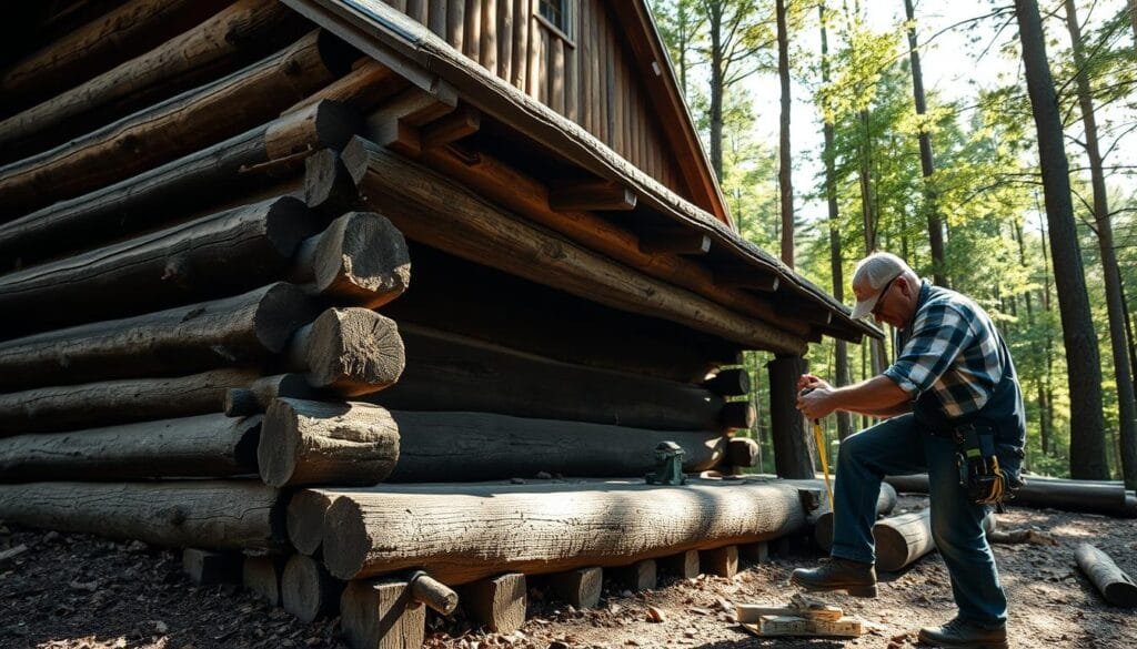 A rustic log cabin nestled in a serene woodland setting, its weathered timber slowly settling and contracting over time. Sunlight filters through the canopy, casting soft shadows across the textured logs. In the foreground, a skilled craftsman examines the cabin's foundations, meticulously measuring and inspecting the gaps between the logs to manage the natural shrinkage process. The scene conveys a sense of quiet contemplation and the harmonious integration of the structure within its natural environment.