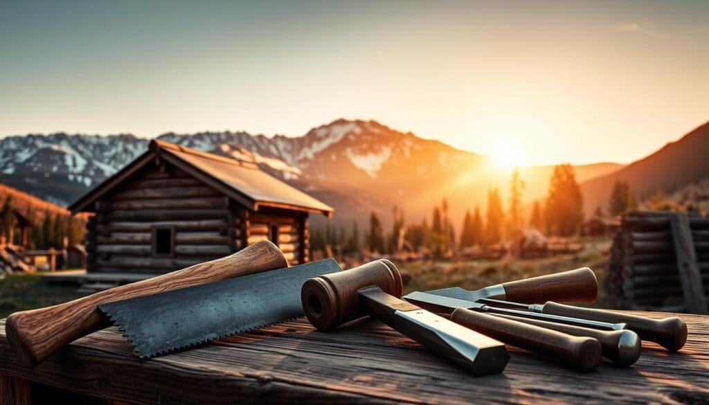 A rustic log cabin set against a majestic mountain backdrop, illuminated by warm, golden sunlight. In the foreground, an array of classic carpentry tools - a sturdy axe, a well-worn handsaw, a heavy-duty hammer, and a set of chisels. The tools are arranged neatly on a weathered wooden workbench, their metal surfaces gleaming. The scene evokes a sense of craftsmanship, ruggedness, and a connection to the natural world. The overall mood is one of peaceful, industrious productivity, capturing the essence of log cabin construction.