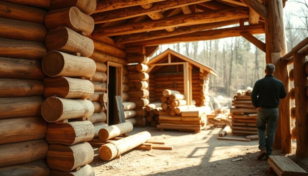 A rustic log cabin under construction, with skilled workers expertly fitting the timber logs into place. The scene is bathed in warm, natural lighting, casting a cozy, earthy ambiance. In the foreground, the focus is on the intricate dovetail joinery used to interlock the logs, highlighting the traditional craftsmanship. In the middle ground, additional logs are stacked and ready for assembly, while in the background, a partially completed cabin structure stands, its rough-hewn walls and sloping roof promising the final stages of the build. The overall atmosphere conveys the timeless essence of DIY cabin construction, with a sense of rugged self-reliance and harmony with the natural surroundings.