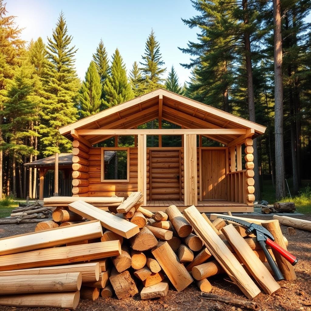 A rustic, low-cost wood cabin set against a serene forest backdrop. In the foreground, a pile of freshly cut logs, unfinished wooden planks, and simple hand tools like a saw and hammer. The middle ground features the cabin's frame, constructed from basic timber beams and panels. Warm, natural lighting filters through the trees, casting a cozy glow. The background depicts a lush, verdant forest with towering pines and a clear blue sky. The overall scene conveys a sense of affordability, simplicity, and a connection to nature.