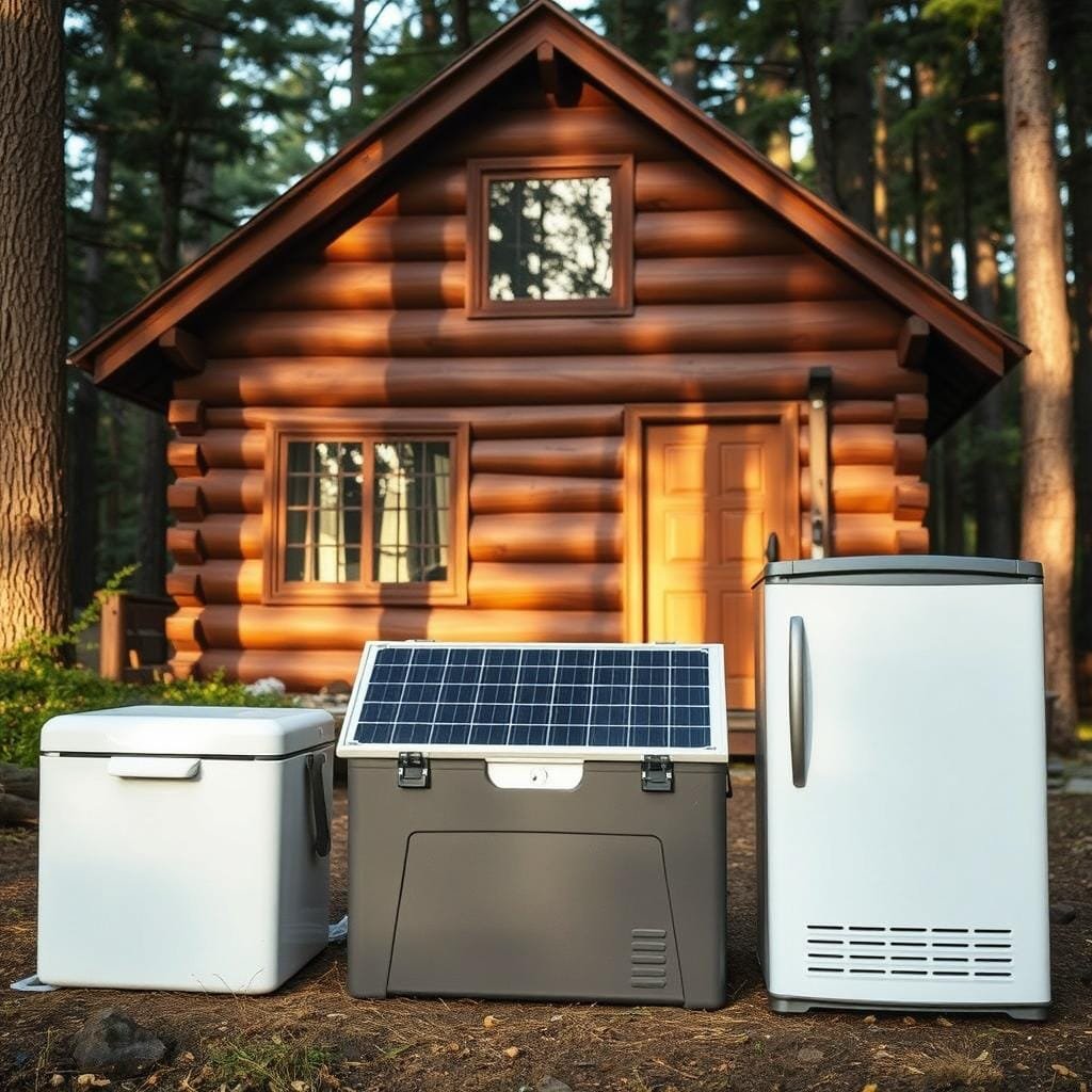 A rustic off-grid cabin nestled in a lush forest, with three prominent refrigeration options showcased in the foreground: a traditional ice box, a solar-powered thermoelectric cooler, and a small propane-fueled refrigerator. Soft natural lighting filters through the cabin's windows, casting a warm glow on the scene. The composition emphasizes the contrast between the rugged, self-sufficient lifestyle and the modern appliances required to preserve food in an off-grid setting. The overall mood is one of harmony between nature and technology, reflecting the challenges and compromises of sustainable living.