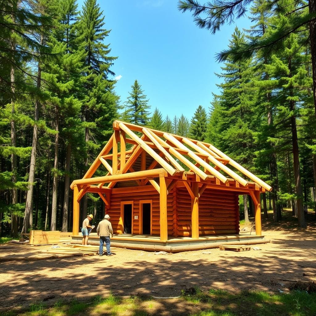 A rustic timber frame cabin nestled in a lush forest clearing, sunlight filtering through the tall trees. In the foreground, a team of skilled builders construct the post-and-beam frame using hand-hewn logs, mortise-and-tenon joints, and wooden pegs. The middle ground reveals the frame's sturdy structure, with thick posts supporting the horizontal beams and diagonal bracing. In the background, the cabin's foundation takes shape, blending seamlessly with the natural landscape. The scene exudes a sense of craftsmanship, self-reliance, and harmony with the surrounding environment. A rustic timber frame cabin nestled in a lush forest clearing, sunlight filtering through the tall trees. In the foreground, a team of skilled builders construct the post-and-beam frame using hand-hewn logs, mortise-and-tenon joints, and wooden pegs. The middle ground reveals the frame's sturdy structure, with thick posts supporting the horizontal beams and diagonal bracing. In the background, the cabin's foundation takes shape, blending seamlessly with the natural landscape. The scene exudes a sense of craftsmanship, self-reliance, and harmony with the surrounding environment.