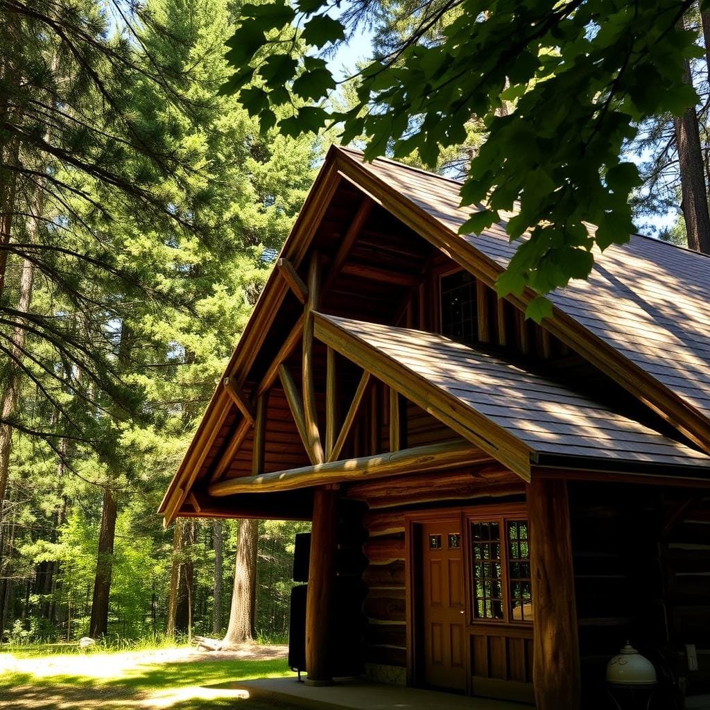 A rustic, well-weathered cabin nestled in a lush forest clearing, its pitched roof adorned with a substantial overhang. The overhang casts deep shadows, shielding the walls and foundation from rain and snow. Sunlight filters through the canopy, casting a warm, golden glow across the scene. The roof's design features broad eaves that extend several feet beyond the walls, creating a sheltered entryway and protecting the cabin's exterior from the elements. Intricate wood detailing and a sturdy timber frame convey a sense of durability and craftsmanship. The overhang's strategic placement and proportions suggest careful consideration of ventilation, shedding water, and preserving the cabin's structural integrity over time.