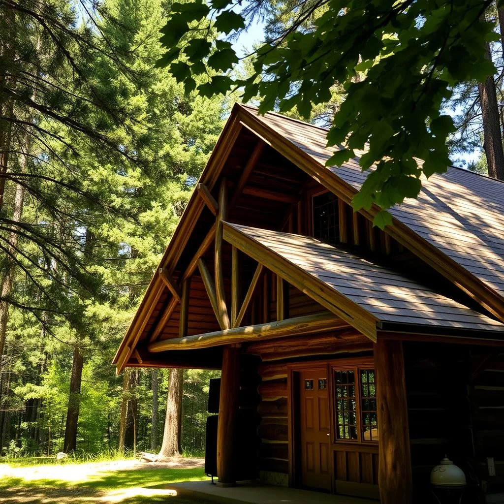 A rustic, well-weathered cabin nestled in a lush forest clearing, its pitched roof adorned with a substantial overhang. The overhang casts deep shadows, shielding the walls and foundation from rain and snow. Sunlight filters through the canopy, casting a warm, golden glow across the scene. The roof's design features broad eaves that extend several feet beyond the walls, creating a sheltered entryway and protecting the cabin's exterior from the elements. Intricate wood detailing and a sturdy timber frame convey a sense of durability and craftsmanship. The overhang's strategic placement and proportions suggest careful consideration of ventilation, shedding water, and preserving the cabin's structural integrity over time.