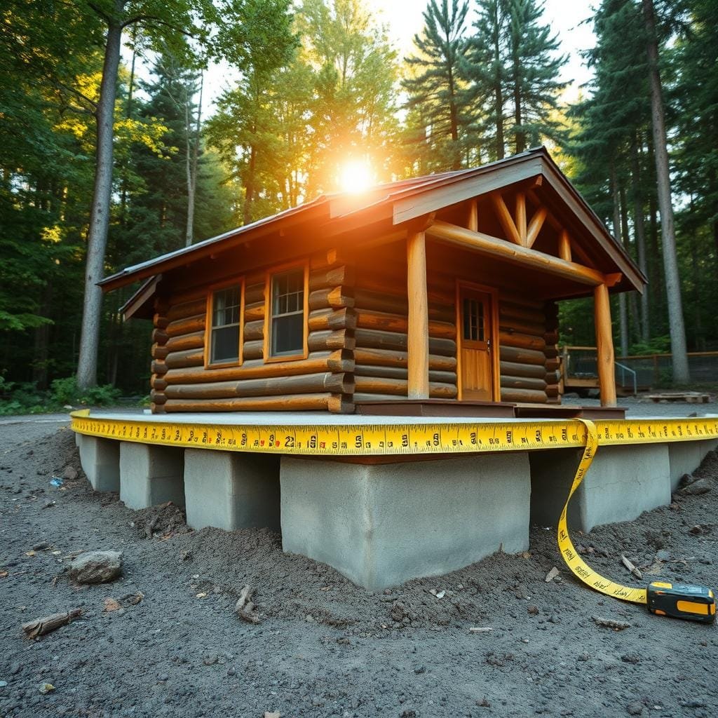 A rustic wooden cabin nestled amidst a lush forest, its sturdy foundation carefully constructed with deep, reinforced concrete footings. A tape measure unfurls, its markings indicating the optimal depth for the cabin's footings, guiding the homeowner in ensuring a secure and stable structure. Warm, natural lighting filters through the surrounding foliage, casting a soft glow on the scene. The image conveys a sense of practical knowledge, emphasizing the importance of properly establishing a cabin's foundation for longevity and safety.